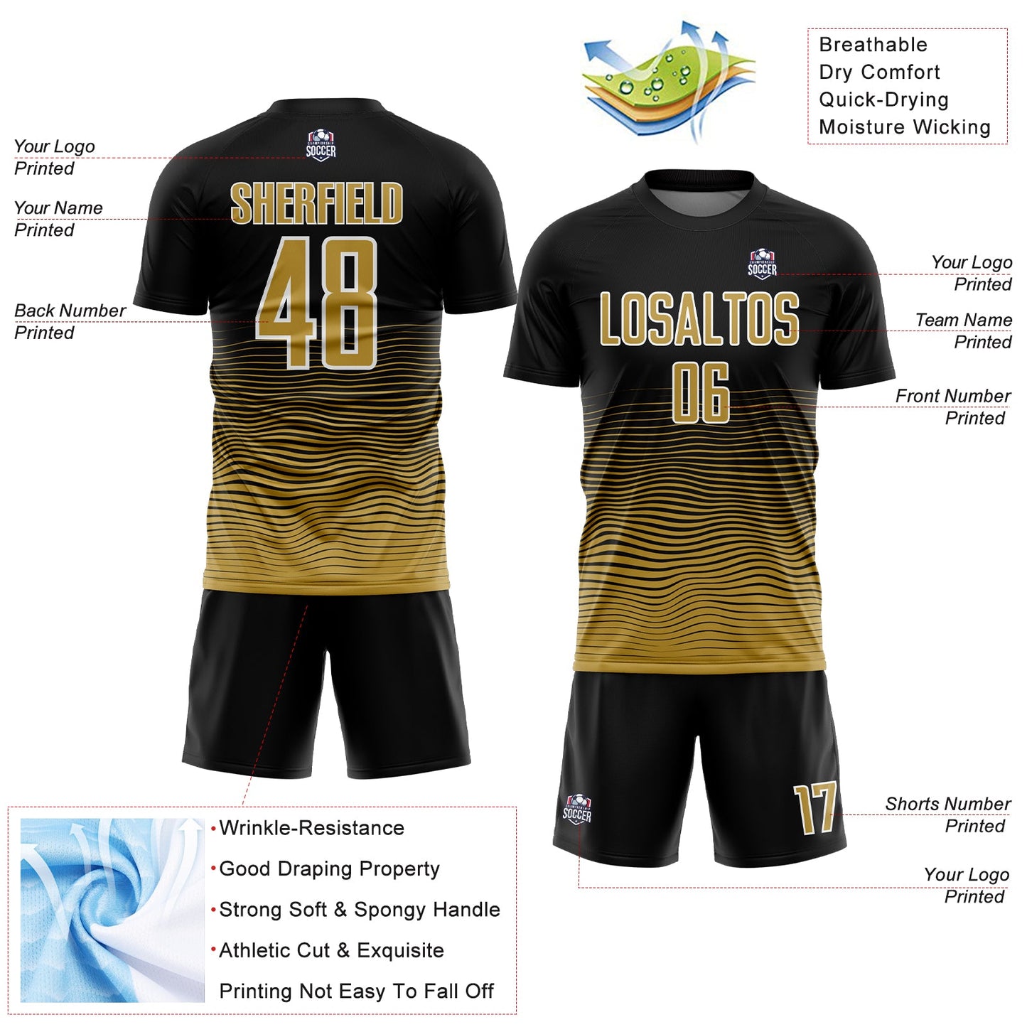 Custom Black Old Gold-White Gradient Line Sublimation Soccer Uniform Jersey view 4