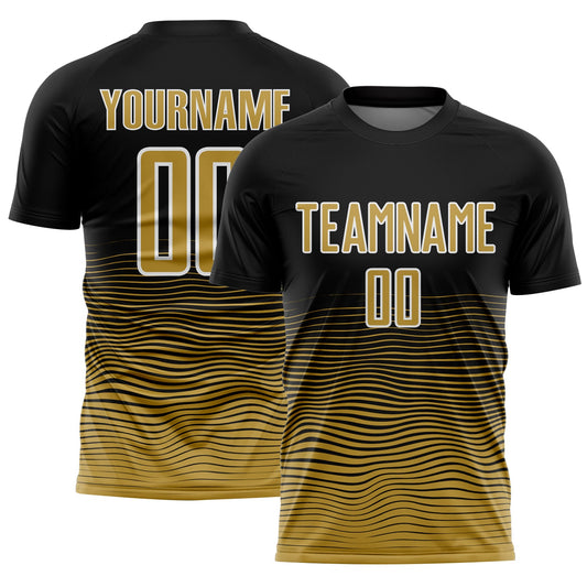 Custom Black Old Gold-White Gradient Line Sublimation Soccer Uniform Jersey - Main View