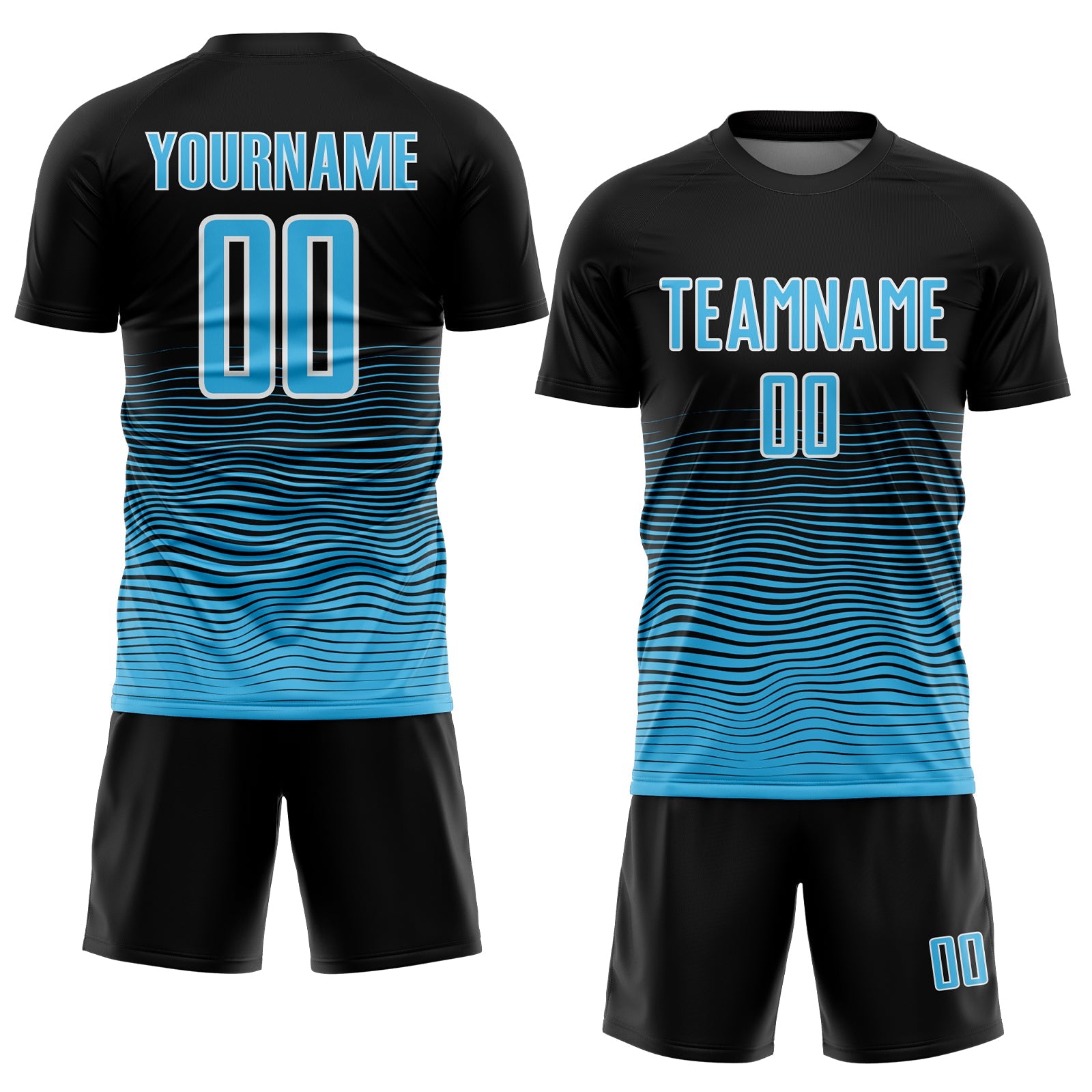 Custom Black Sky Blue-White Gradient Line Sublimation Soccer Uniform Jersey view 2