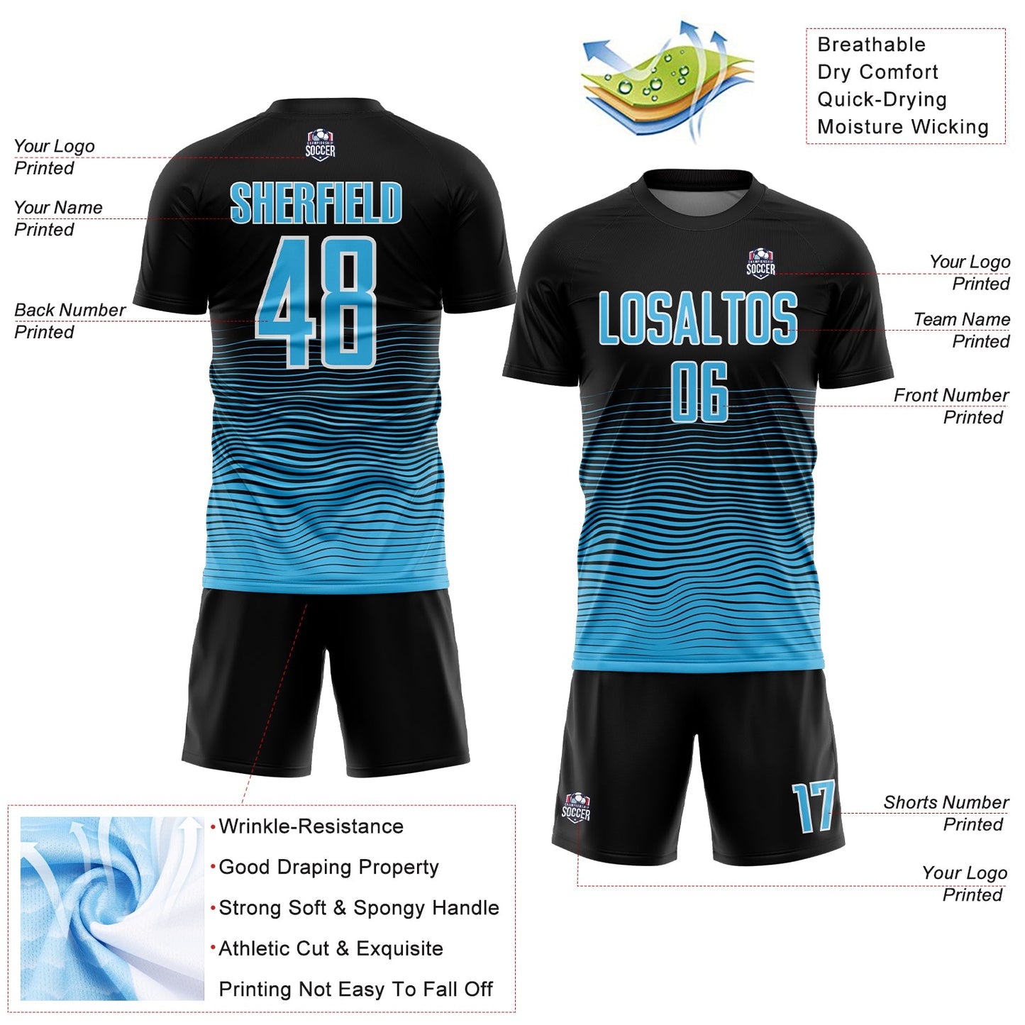 Custom Black Sky Blue-White Gradient Line Sublimation Soccer Uniform Jersey view 4