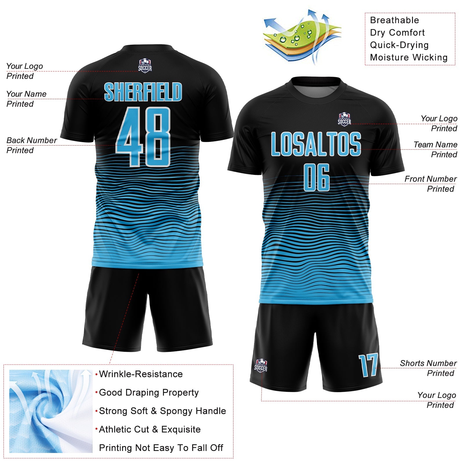 Custom Black Sky Blue-White Gradient Line Sublimation Soccer Uniform Jersey view 4