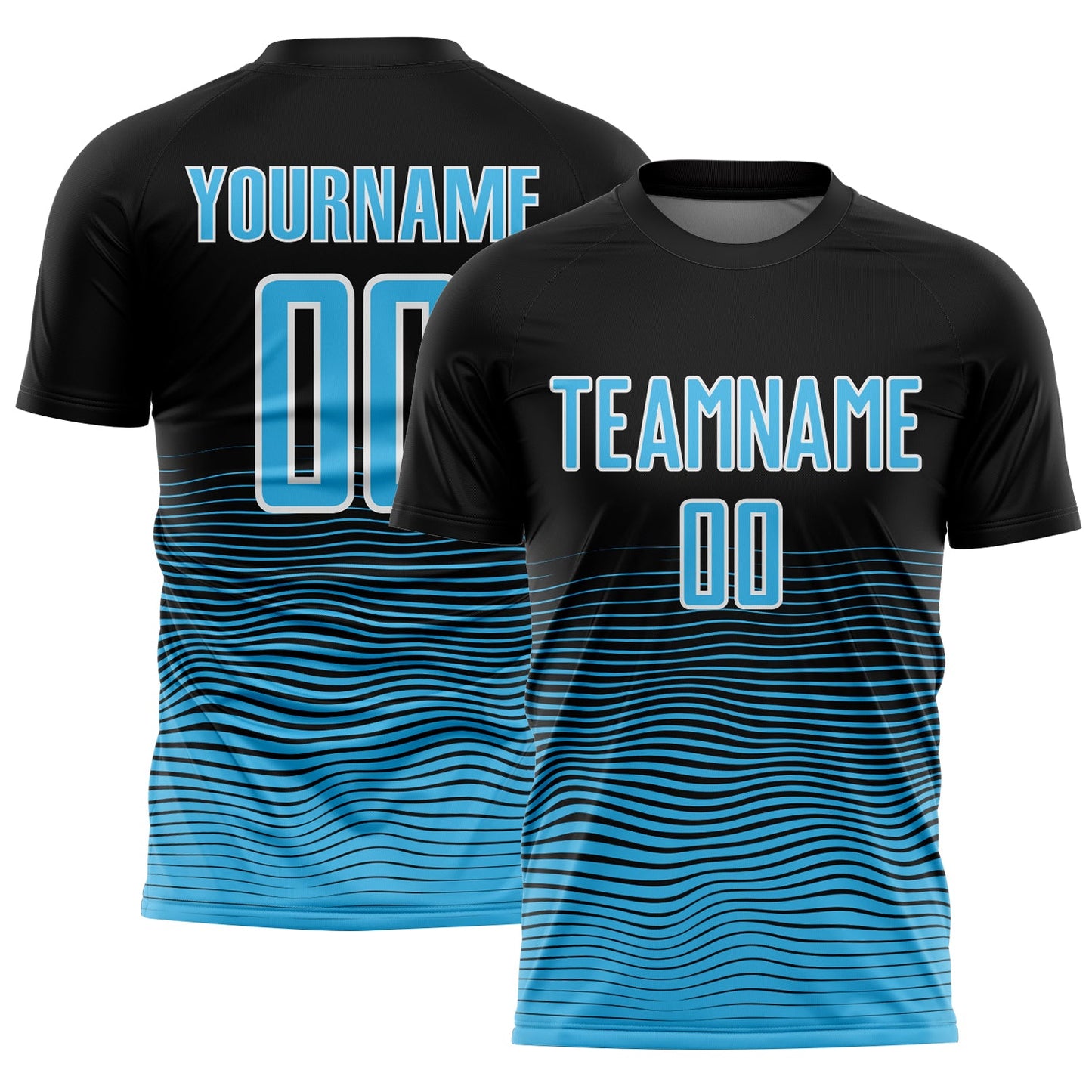 Custom Black Sky Blue-White Gradient Line Sublimation Soccer Uniform Jersey - Main View