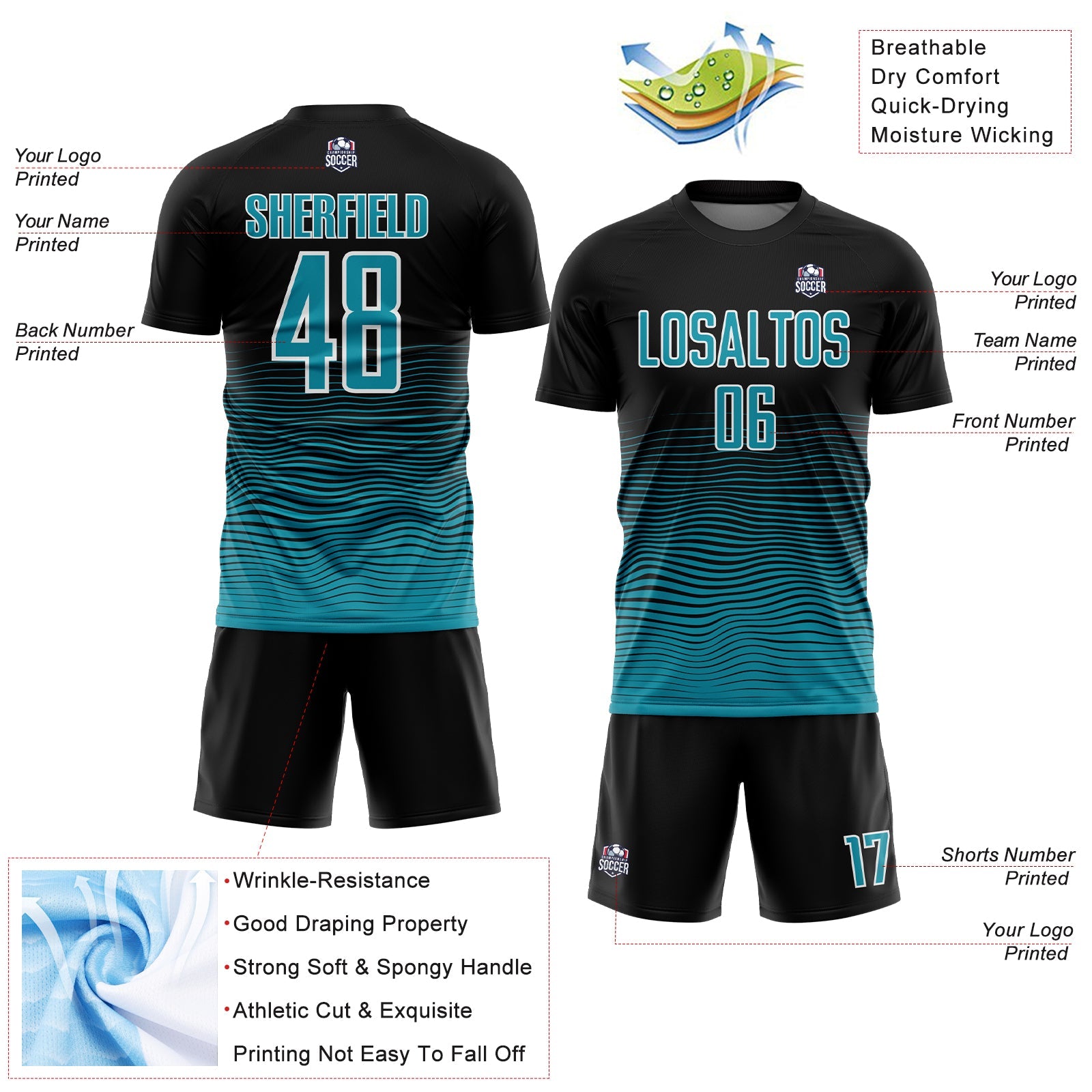 Custom Black Teal-White Gradient Line Sublimation Soccer Uniform Jersey view 4