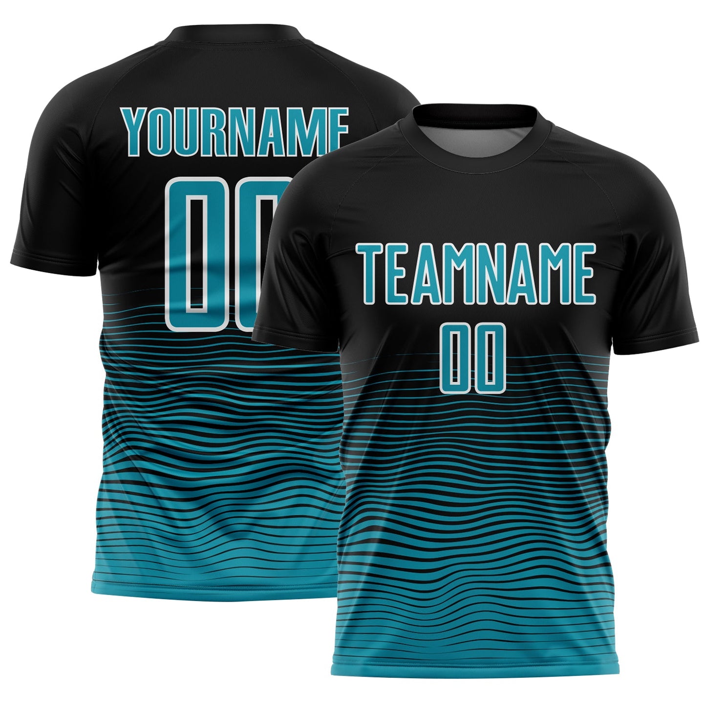 Custom Black Teal-White Gradient Line Sublimation Soccer Uniform Jersey - Main View