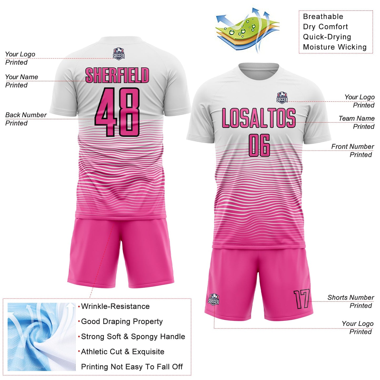 Custom White Pink-Black Gradient Line Sublimation Soccer Uniform Jersey view 4