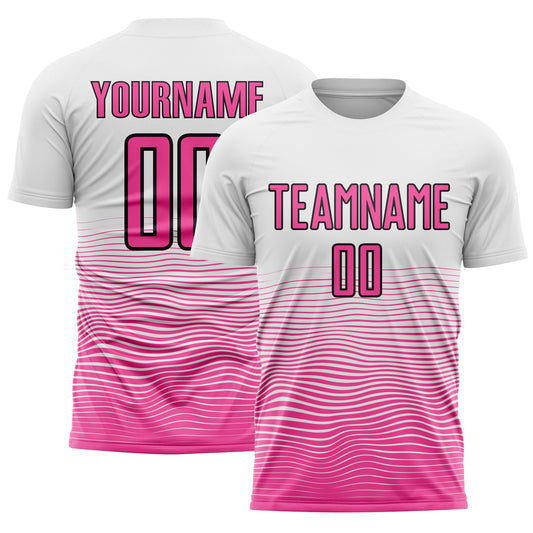 Custom White Pink-Black Gradient Line Sublimation Soccer Uniform Jersey - Main View