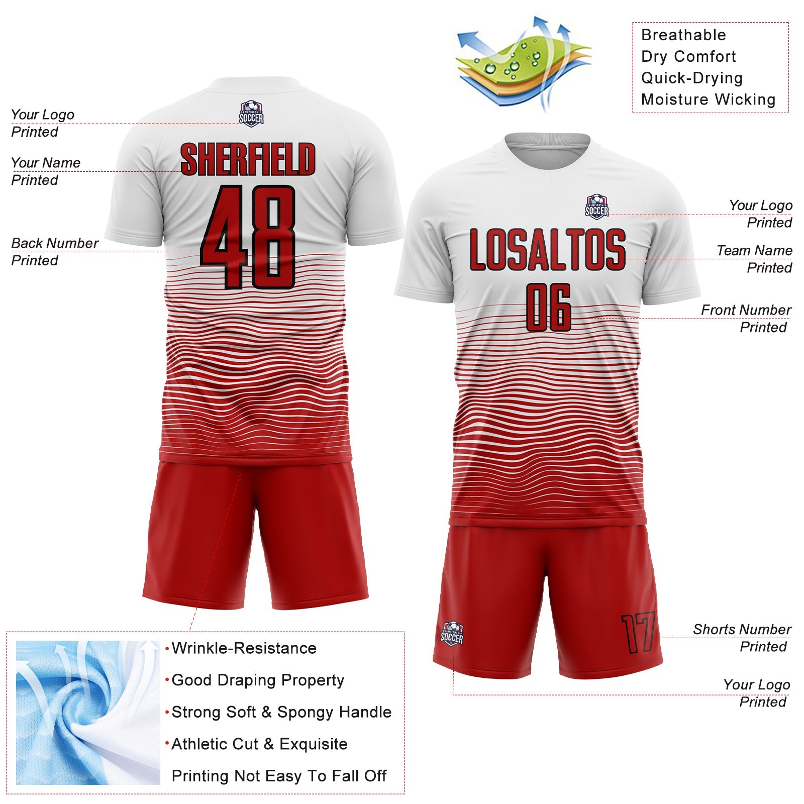 Custom White Red-Black Gradient Line Sublimation Soccer Uniform Jersey view 4