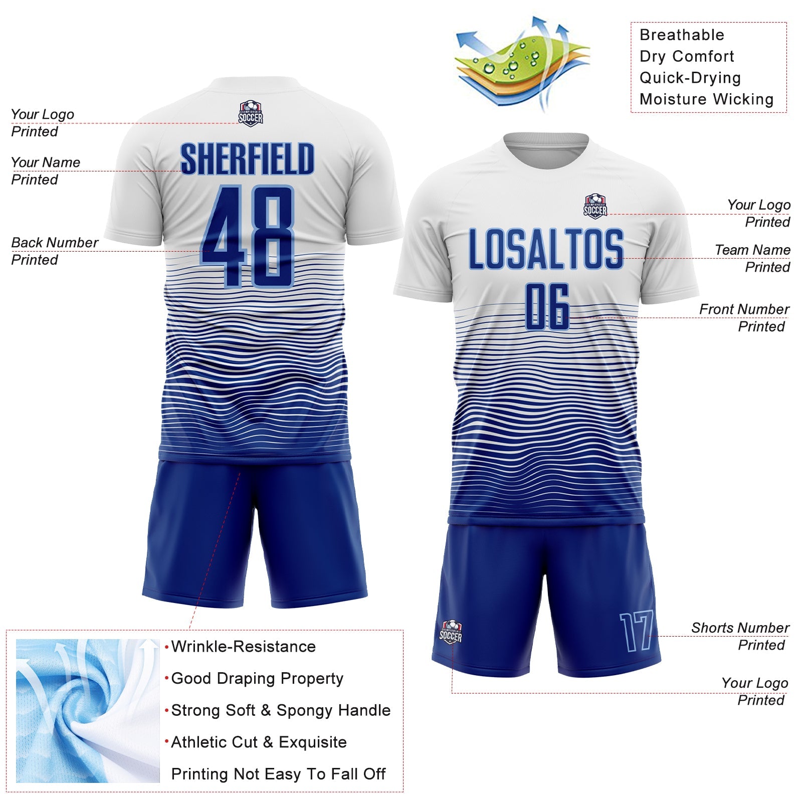 Custom White Royal-Light Blue Gradient Line Sublimation Soccer Uniform Jersey view 4