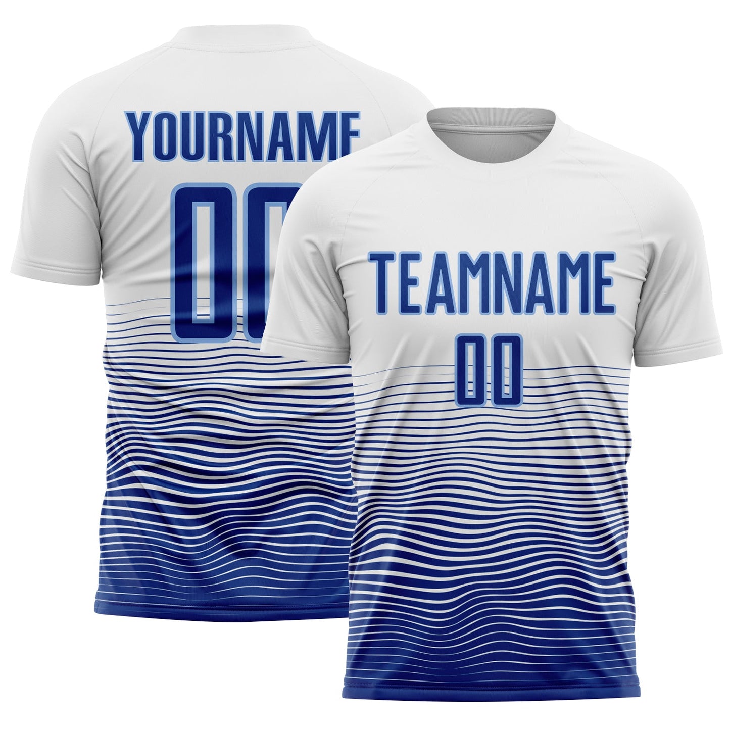 Custom White Royal-Light Blue Gradient Line Sublimation Soccer Uniform Jersey - Main View