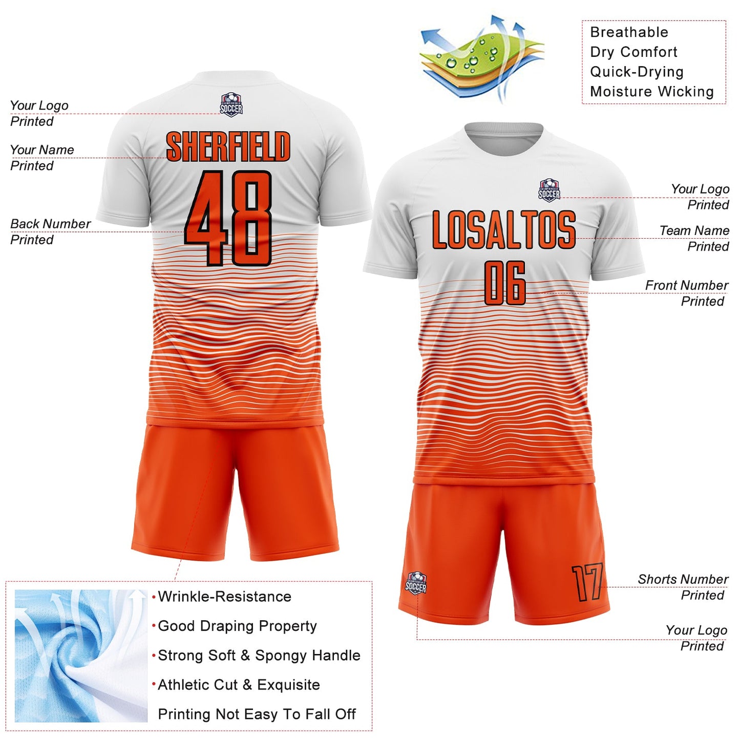 Custom White Orange-Black Gradient Line Sublimation Soccer Uniform Jersey view 4