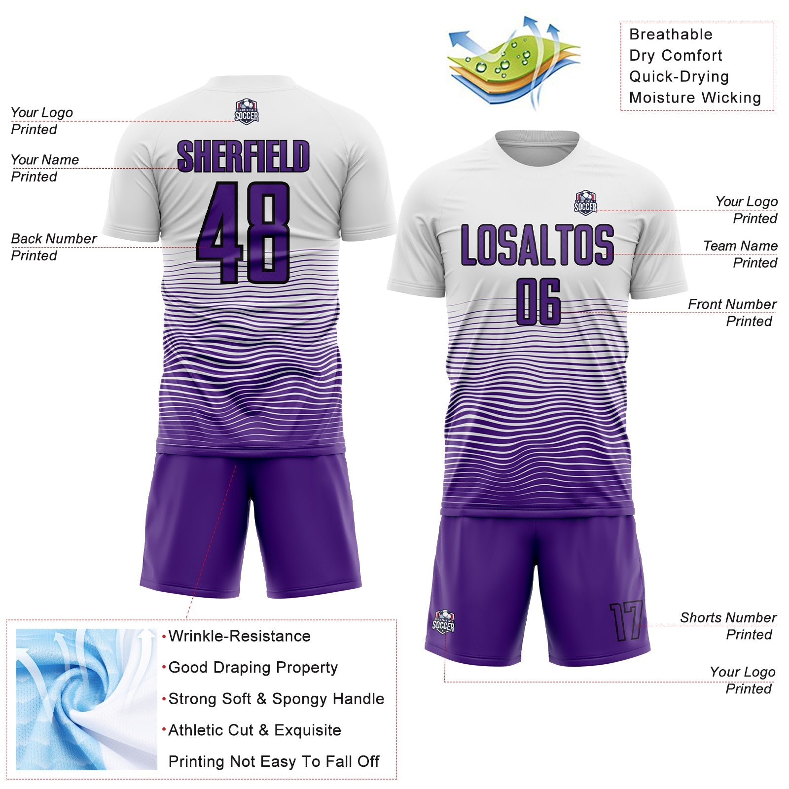 Custom White Purple-Black Gradient Line Sublimation Soccer Uniform Jersey view 4