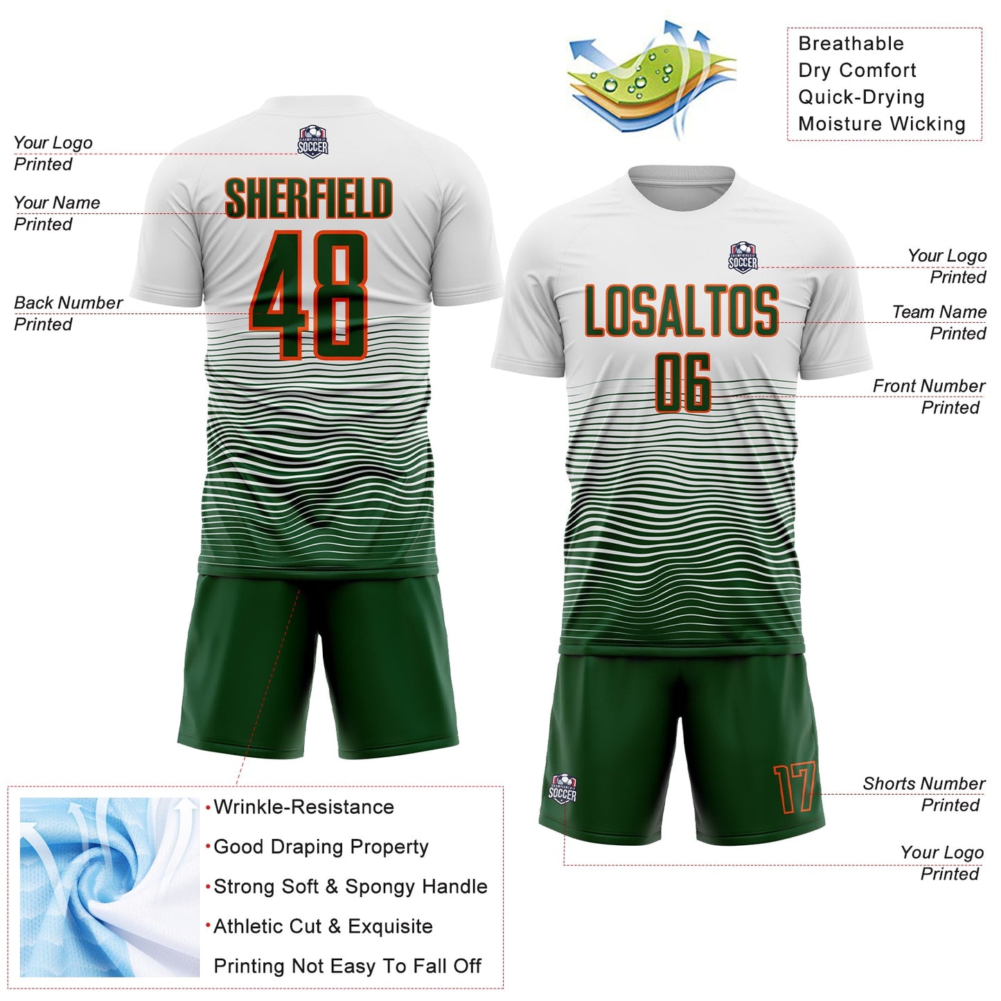 Custom White Green-Orange Gradient Line Sublimation Soccer Uniform Jersey view 4