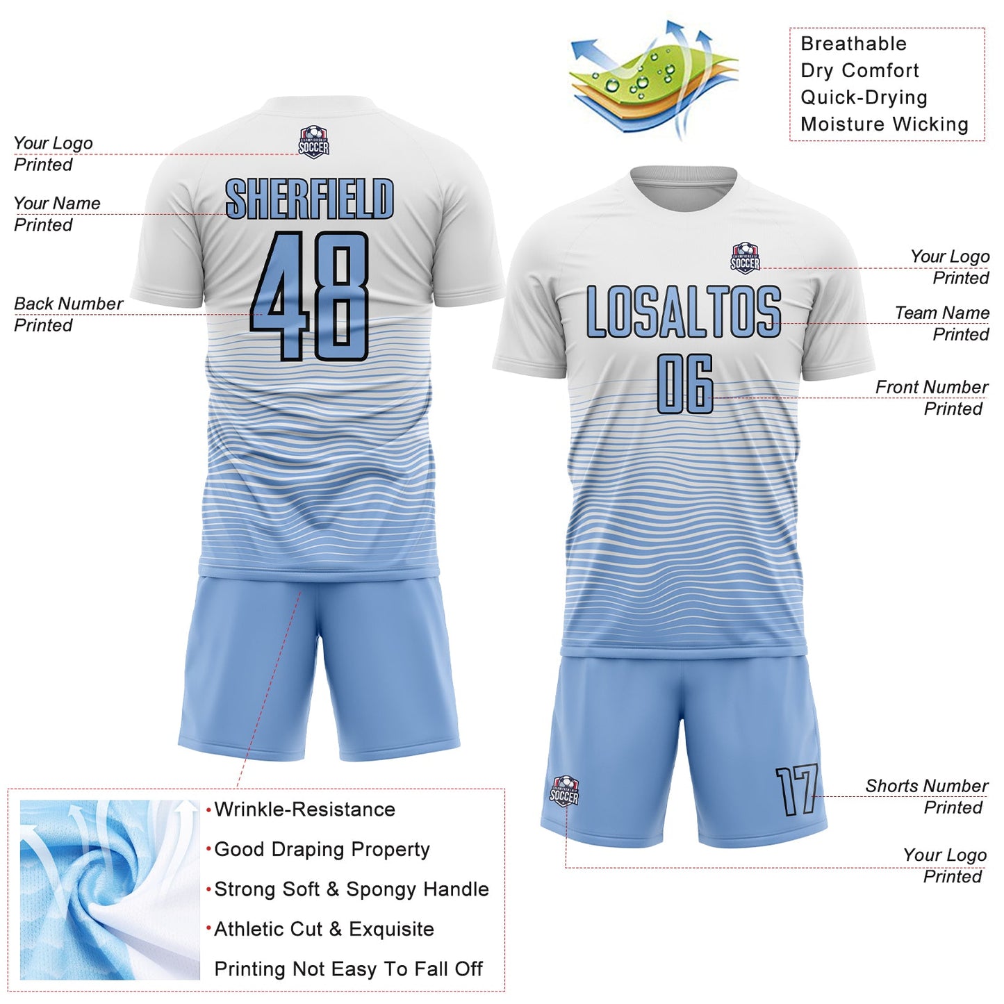 Custom White Light Blue-Black Gradient Line Sublimation Soccer Uniform Jersey view 4