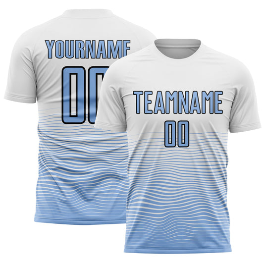 Custom White Light Blue-Black Gradient Line Sublimation Soccer Uniform Jersey - Main View