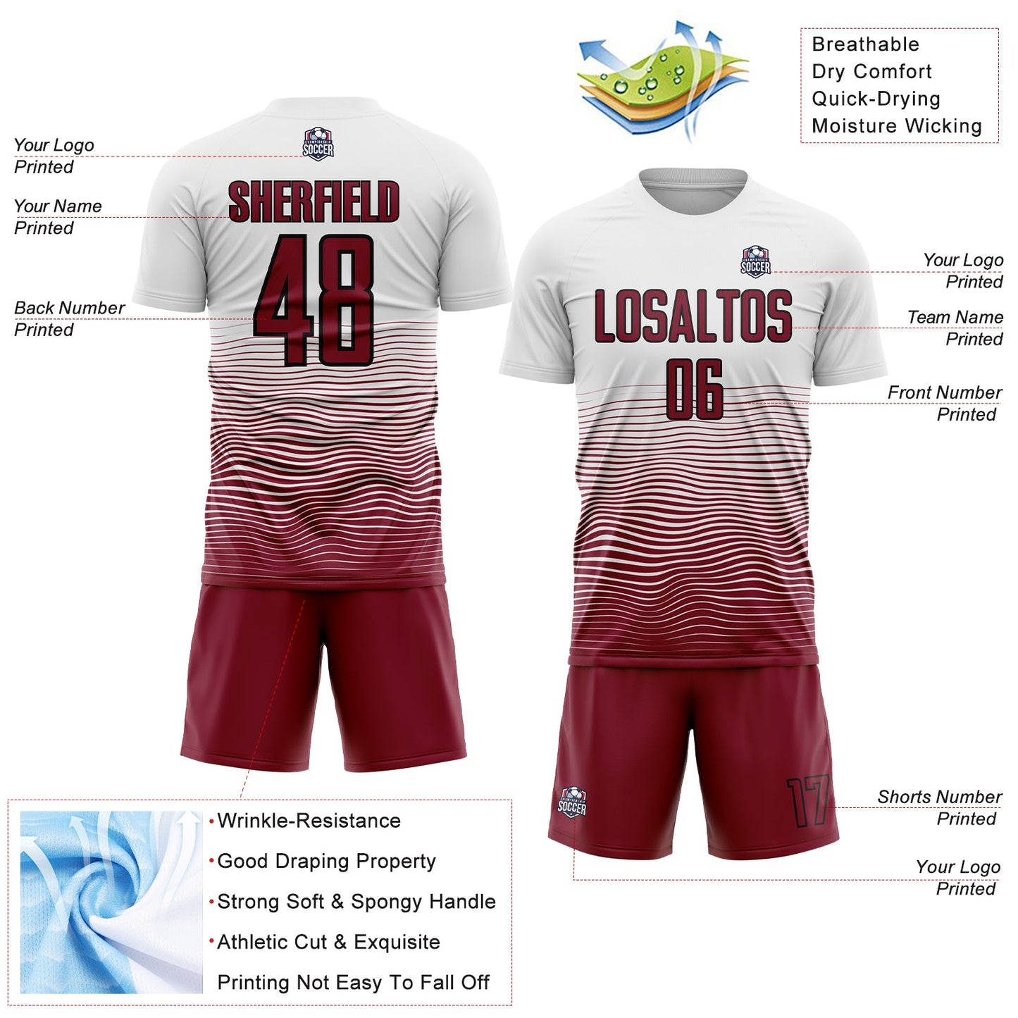 Custom White Crimson-Black Gradient Line Sublimation Soccer Uniform Jersey view 4