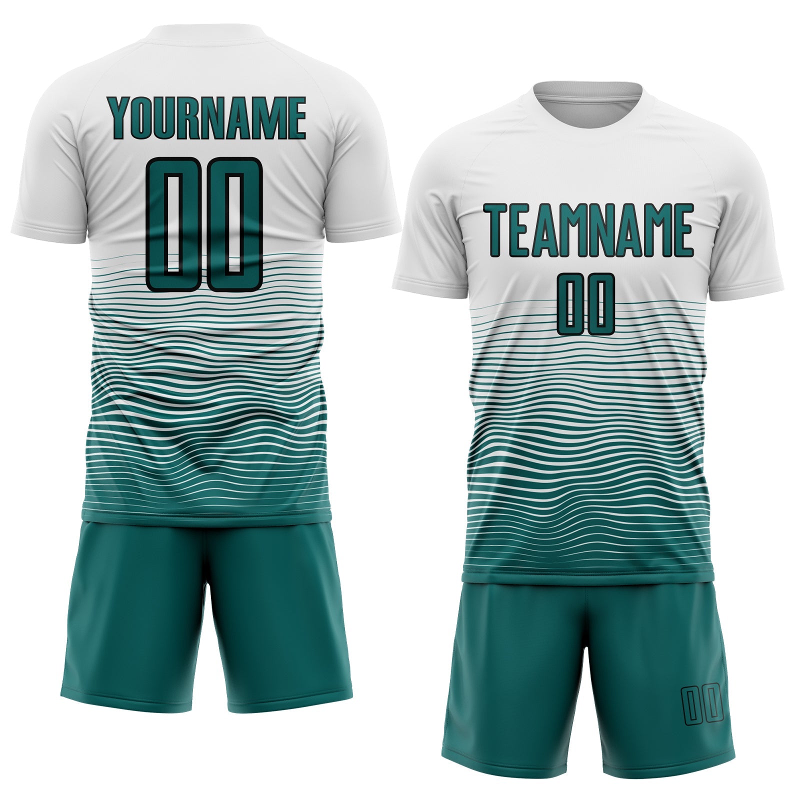 Custom White Teal-Black Gradient Line Sublimation Soccer Uniform Jersey view 2