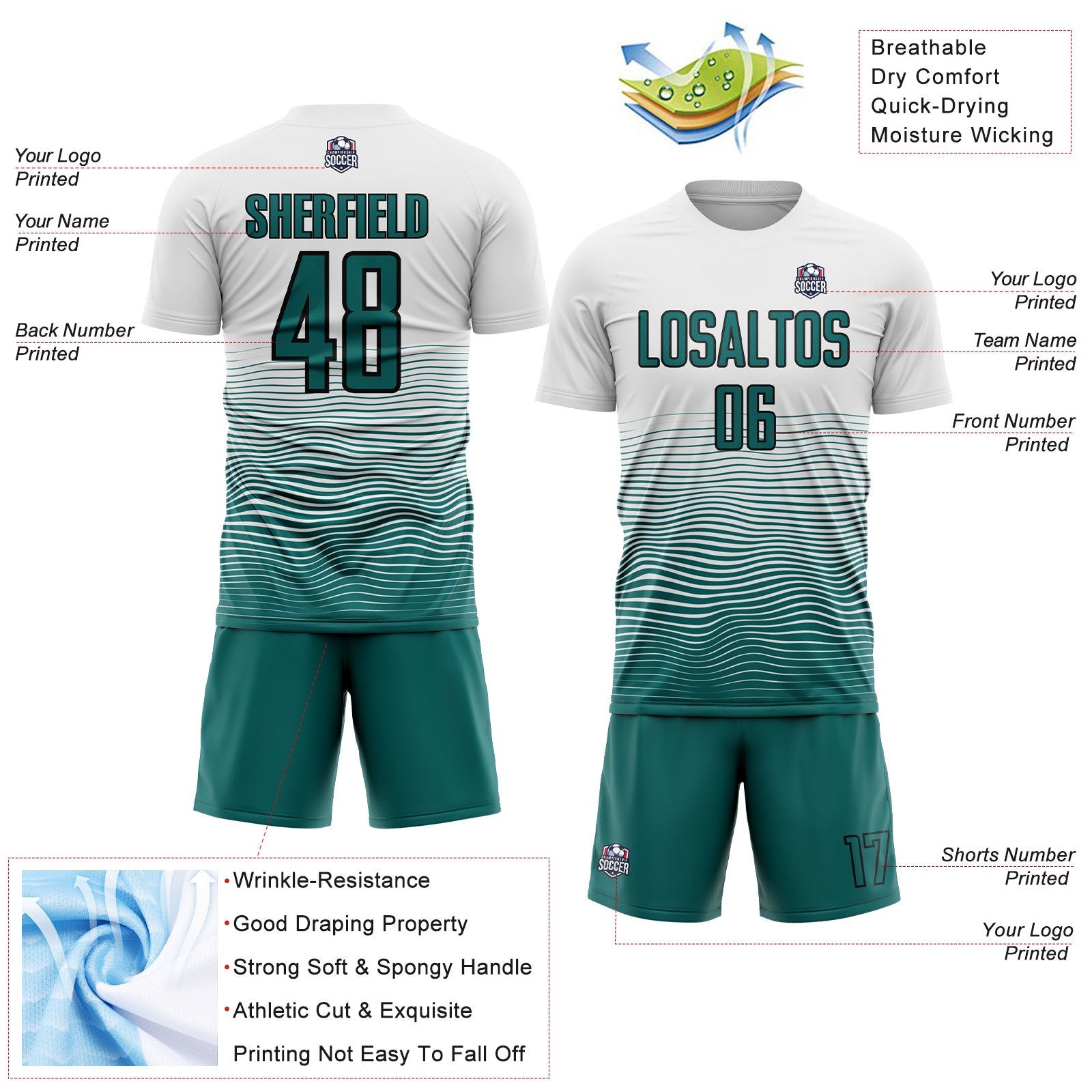 Custom White Teal-Black Gradient Line Sublimation Soccer Uniform Jersey view 4