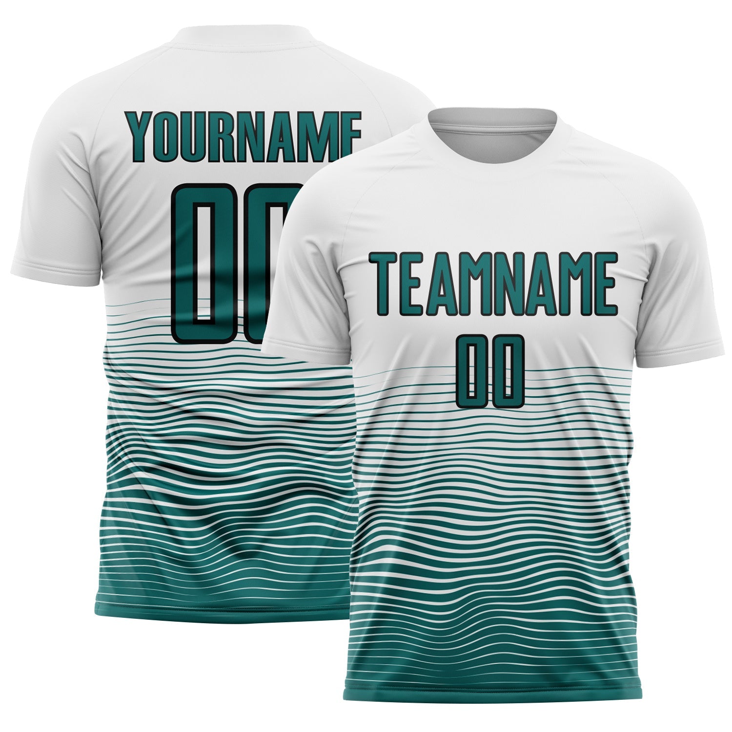 Custom White Teal-Black Gradient Line Sublimation Soccer Uniform Jersey - Main View