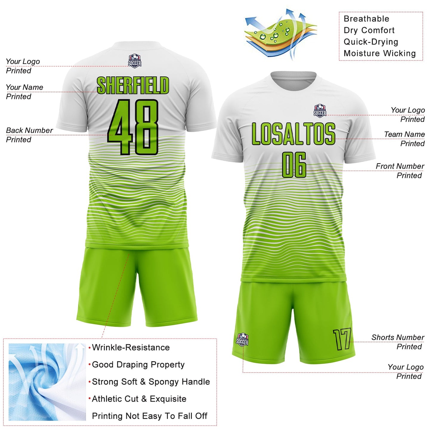 Custom White Neon Green-Black Gradient Line Sublimation Soccer Uniform Jersey view 4