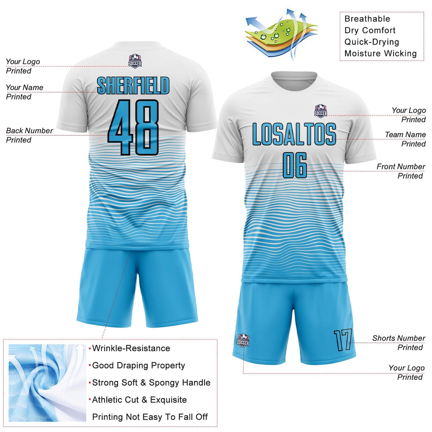 Custom White Sky Blue-Black Gradient Line Sublimation Soccer Uniform Jersey view 4