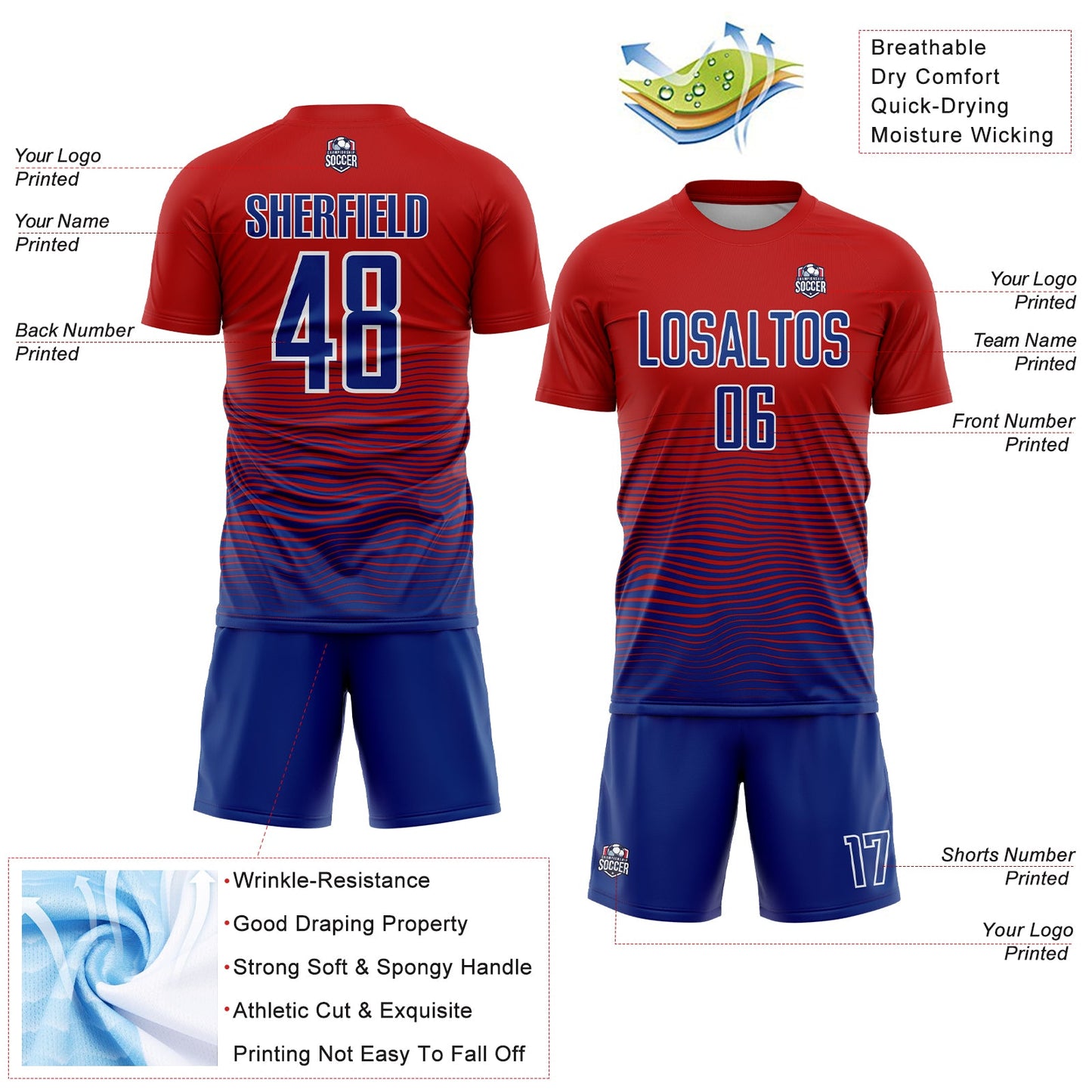 Custom Red Royal-White Gradient Line Sublimation Soccer Uniform Jersey view 4