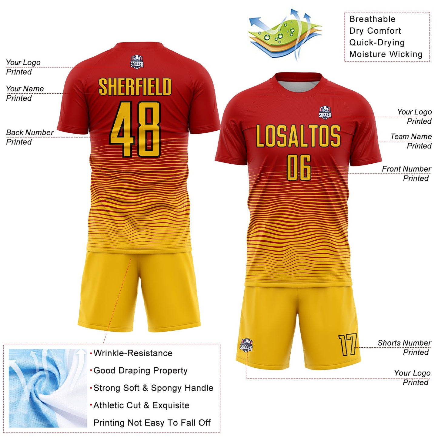 Custom Red Yellow-Black Gradient Line Sublimation Soccer Uniform Jersey view 4