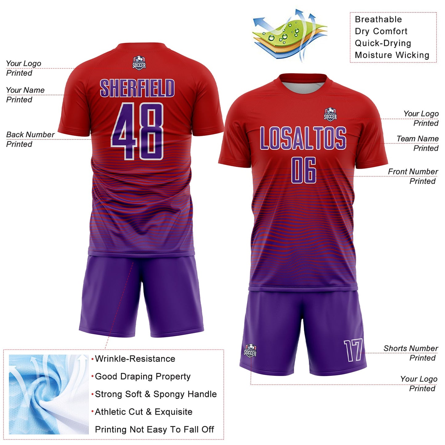 Custom Red Purple-White Gradient Line Sublimation Soccer Uniform Jersey view 4