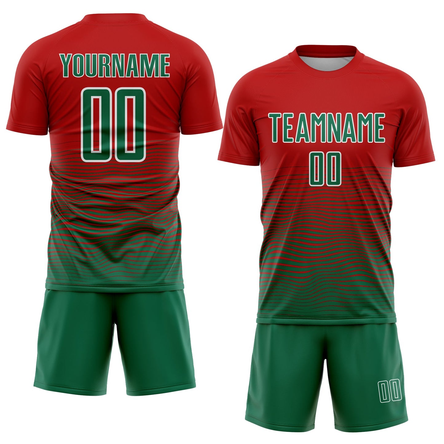 Custom Red Kelly Green-White Gradient Line Sublimation Soccer Uniform Jersey view 2