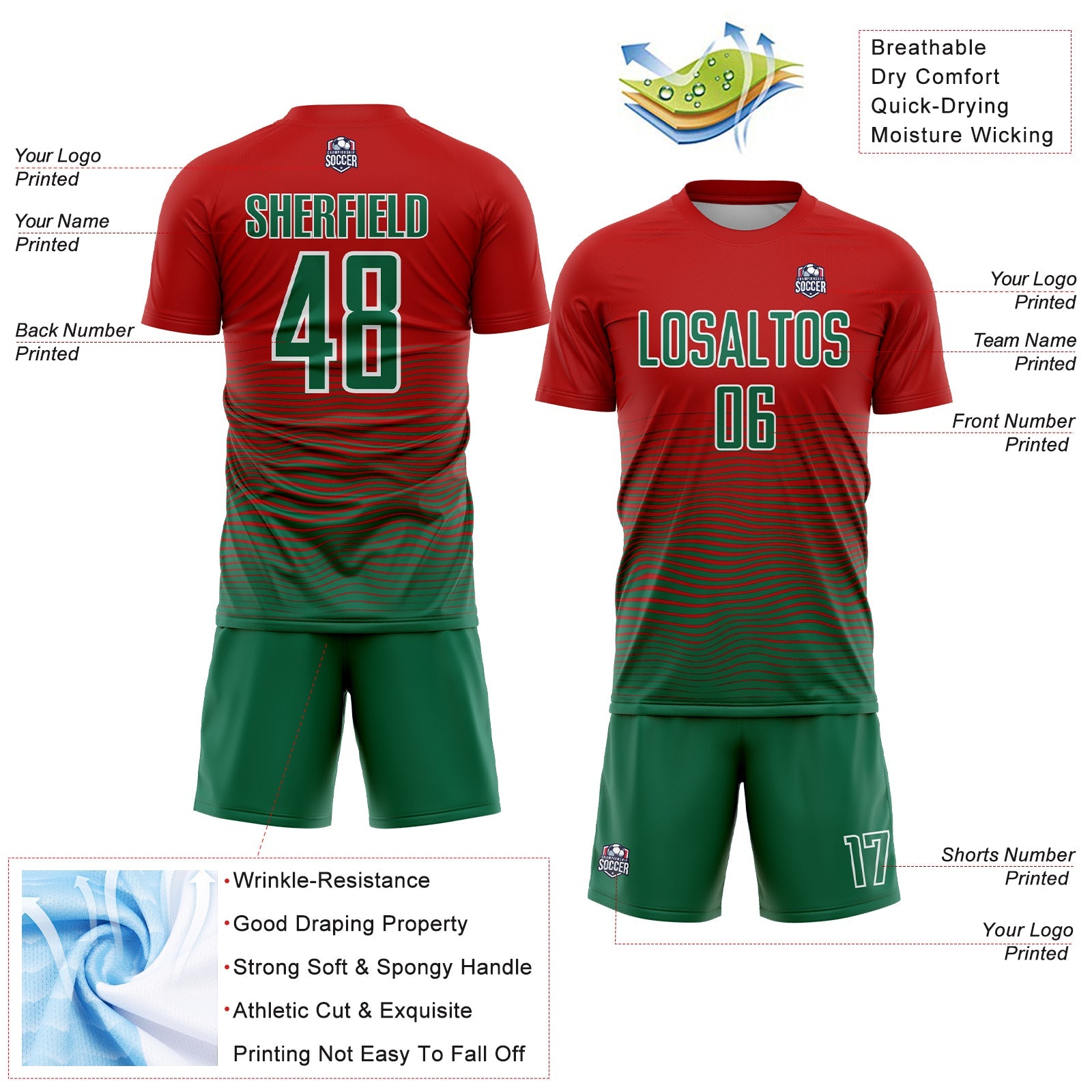 Custom Red Kelly Green-White Gradient Line Sublimation Soccer Uniform Jersey view 4