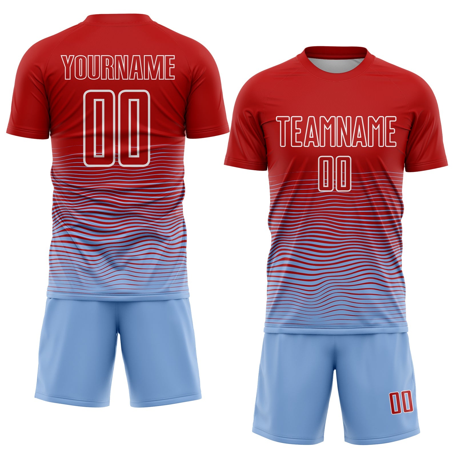 Custom Red Light Blue-White Gradient Line Sublimation Soccer Uniform Jersey view 2