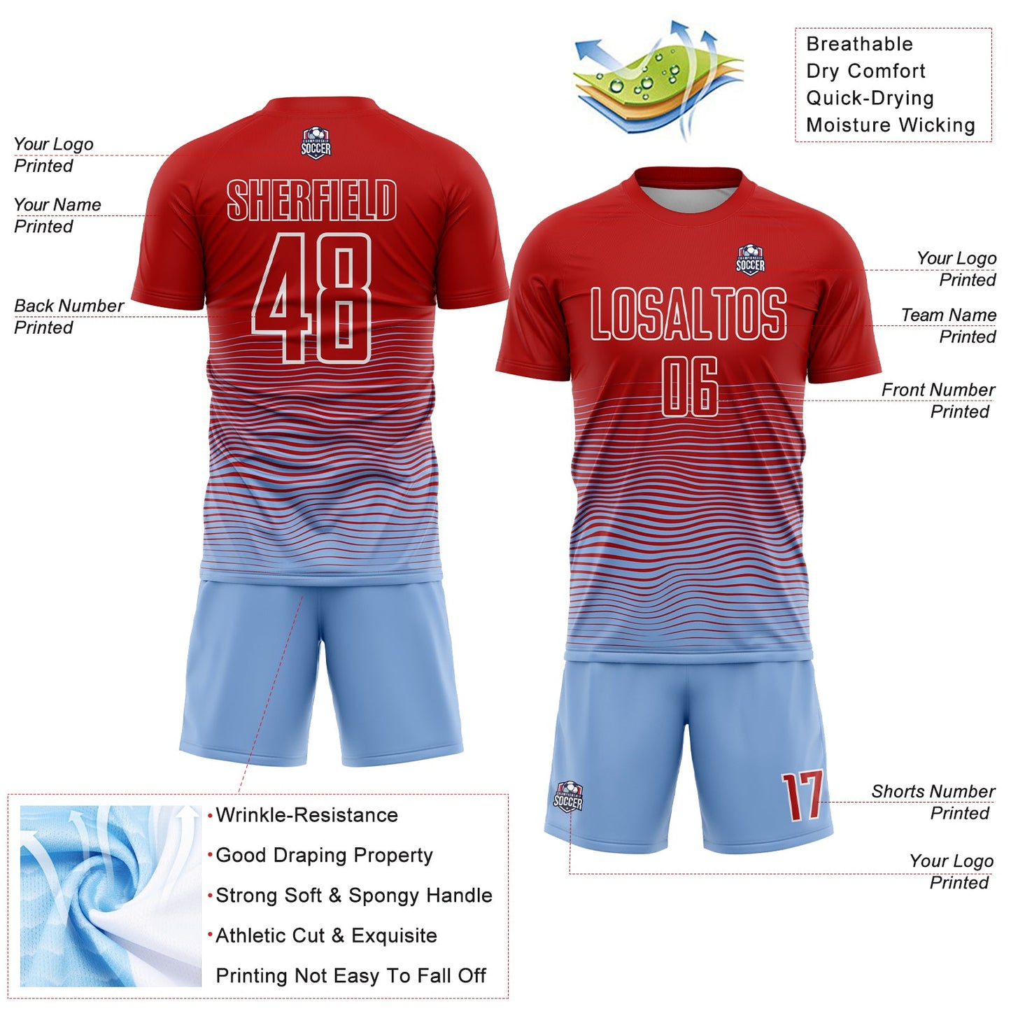 Custom Red Light Blue-White Gradient Line Sublimation Soccer Uniform Jersey view 4
