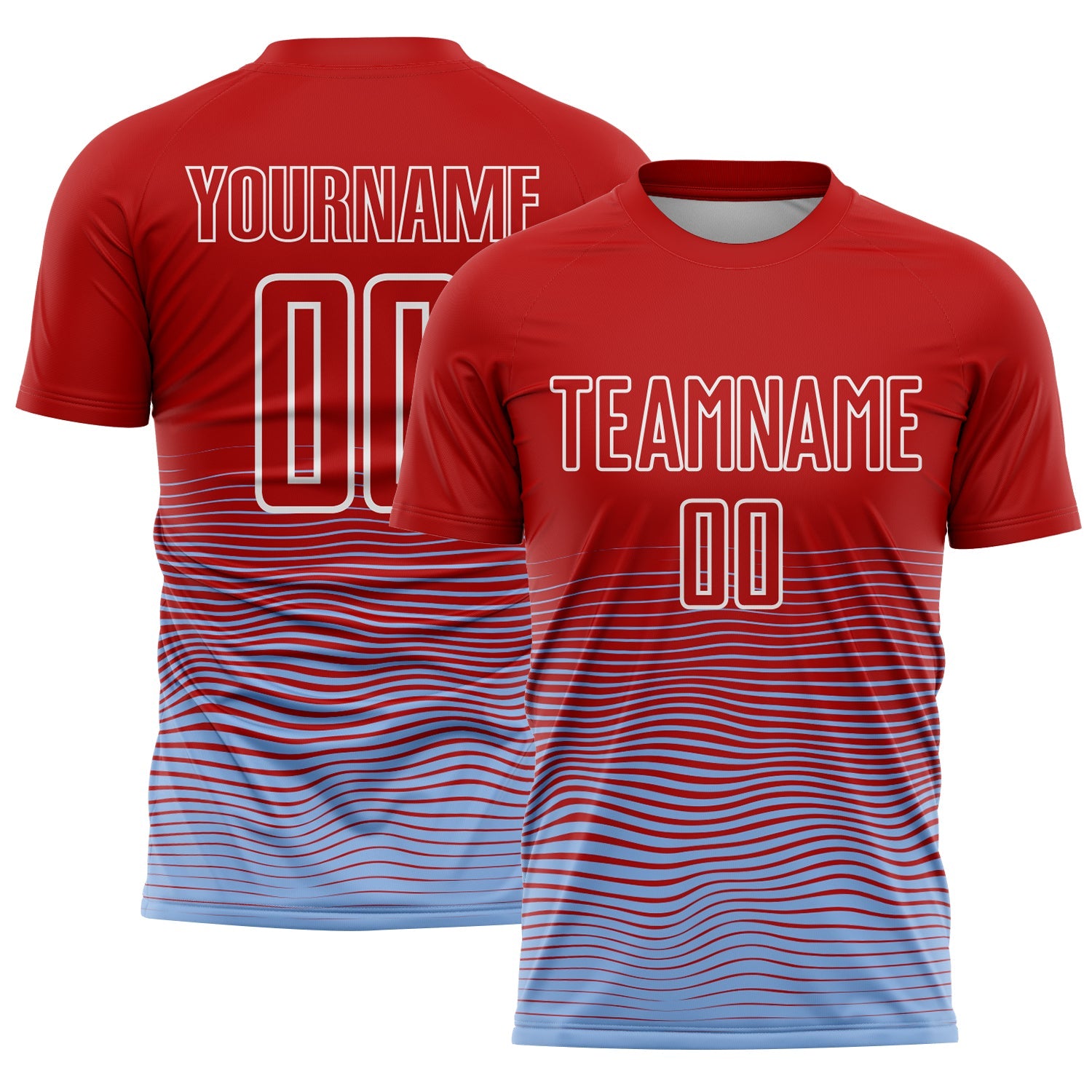 Custom Red Light Blue-White Gradient Line Sublimation Soccer Uniform Jersey - Main View