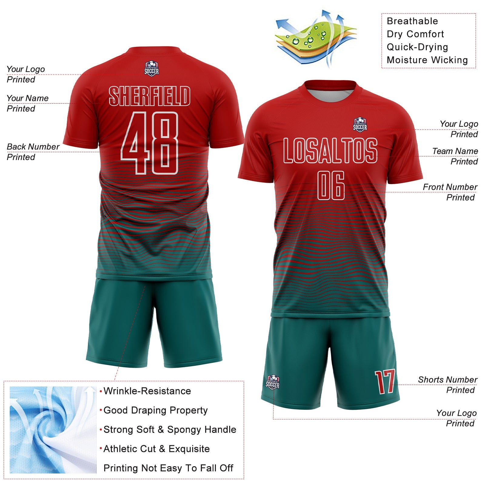 Custom Red Teal-White Gradient Line Sublimation Soccer Uniform Jersey view 4