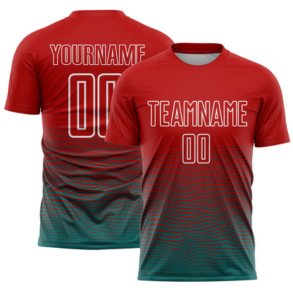 Custom Red Teal-White Gradient Line Sublimation Soccer Uniform Jersey - Main View