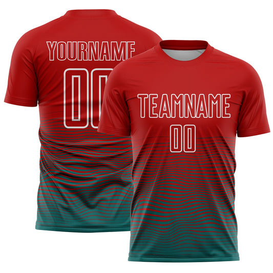 Custom Red Teal-White Gradient Line Sublimation Soccer Uniform Jersey - Main View