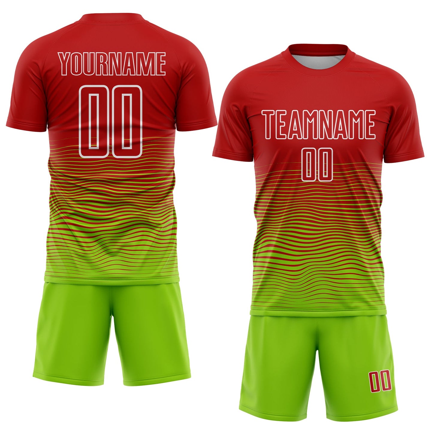 Custom Red Neon Green-White Gradient Line Sublimation Soccer Uniform Jersey view 2