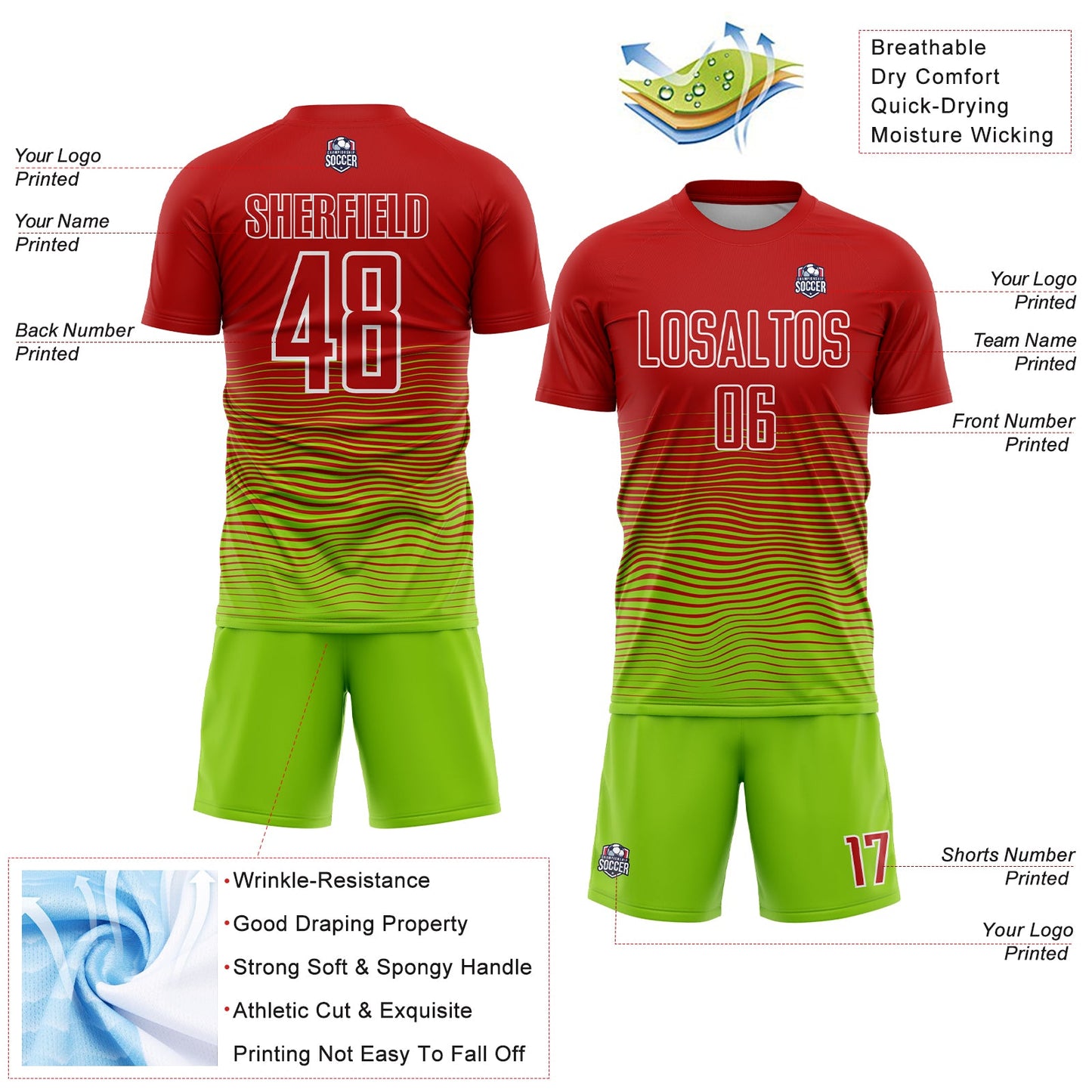 Custom Red Neon Green-White Gradient Line Sublimation Soccer Uniform Jersey view 4