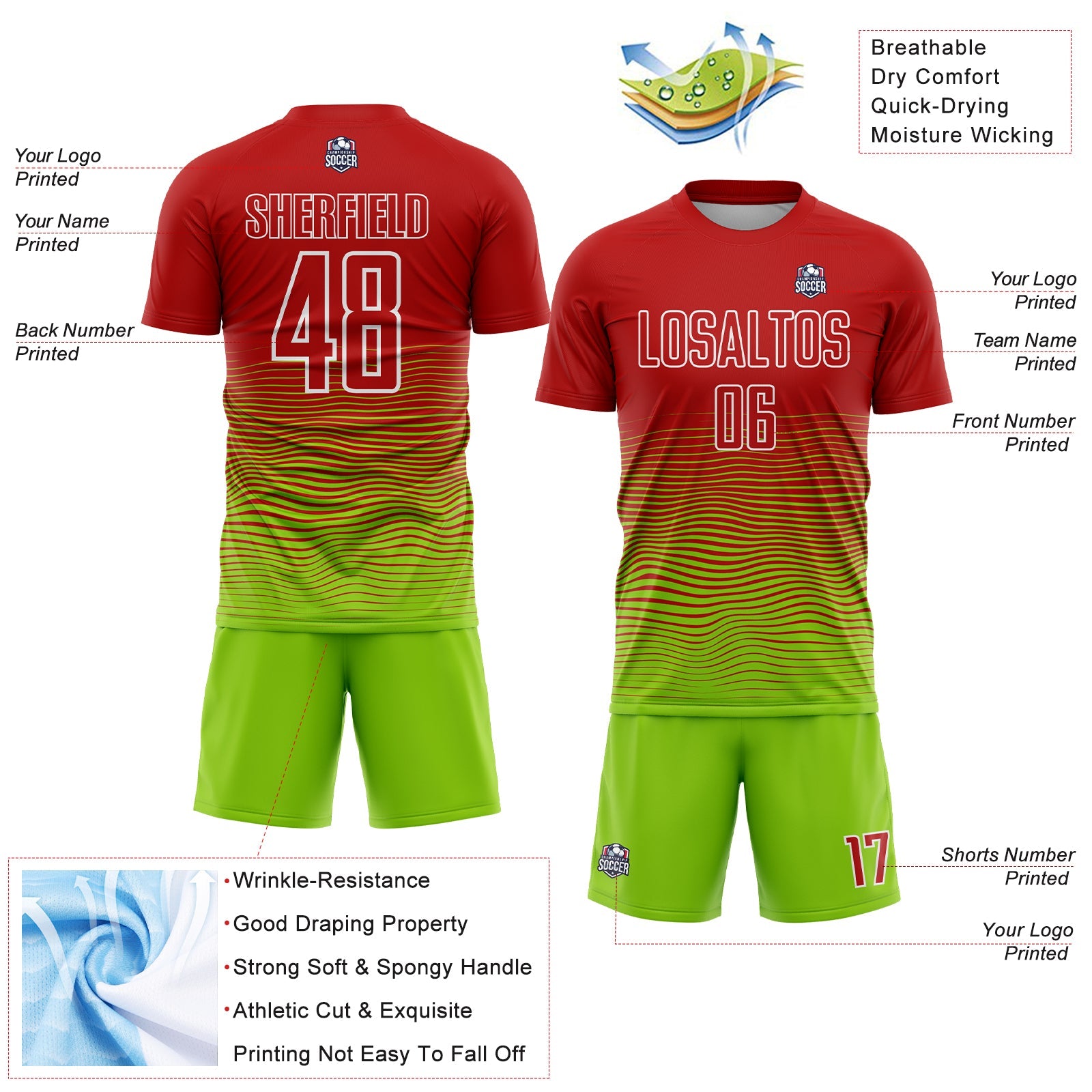 Custom Red Neon Green-White Gradient Line Sublimation Soccer Uniform Jersey view 4