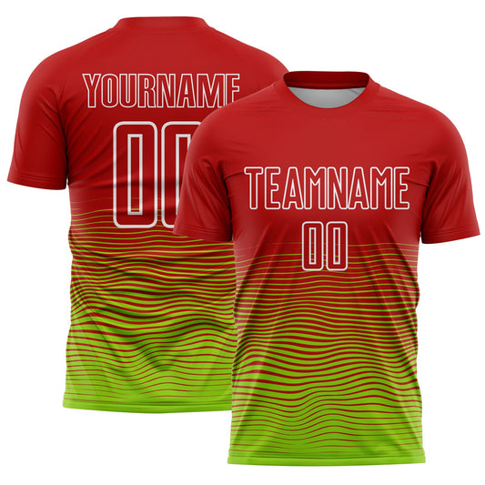Custom Red Neon Green-White Gradient Line Sublimation Soccer Uniform Jersey - Main View
