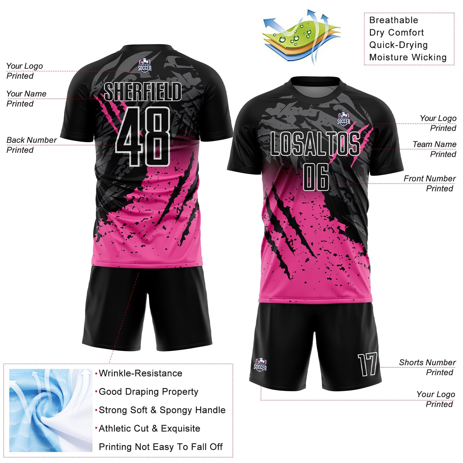 Custom Black Pink-White Gradient Scratch Splash Sublimation Soccer Uniform Jersey view 4