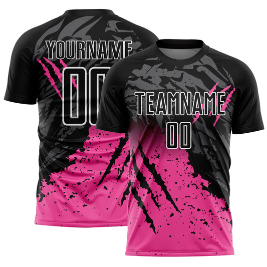 Custom Black Pink-White Gradient Scratch Splash Sublimation Soccer Uniform Jersey - Main View