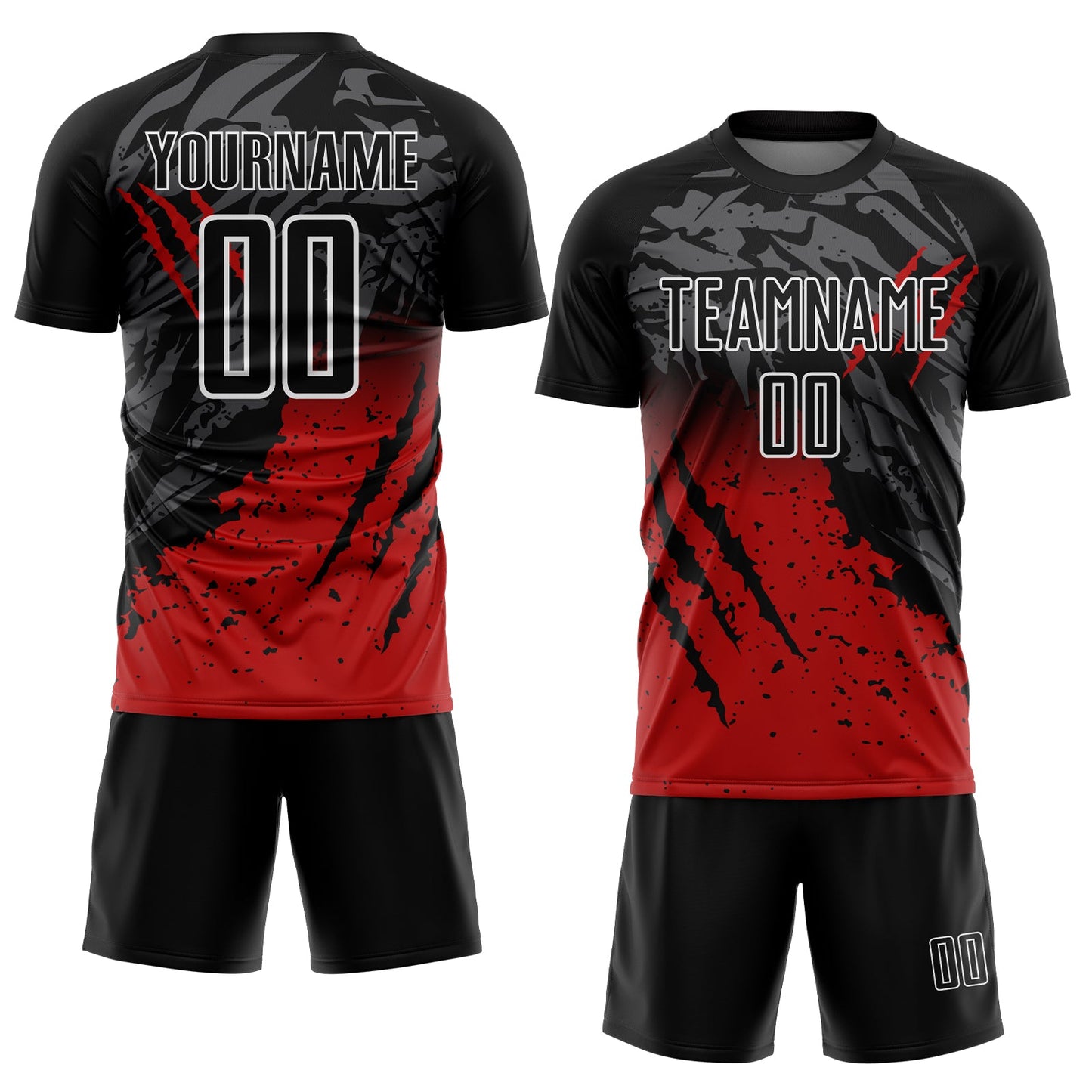 Custom Black Red-White Gradient Scratch Splash Sublimation Soccer Uniform Jersey view 2