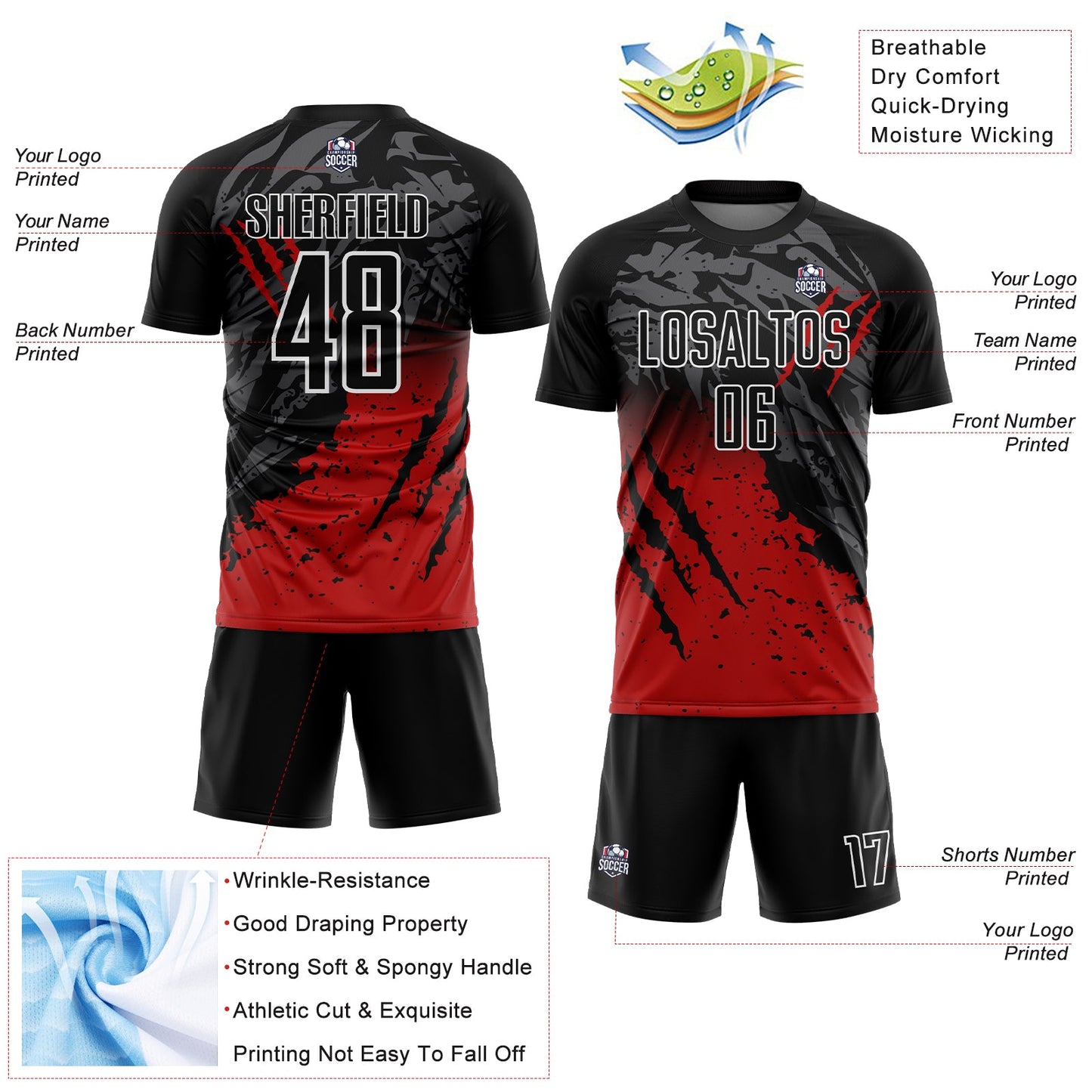 Custom Black Red-White Gradient Scratch Splash Sublimation Soccer Uniform Jersey view 4