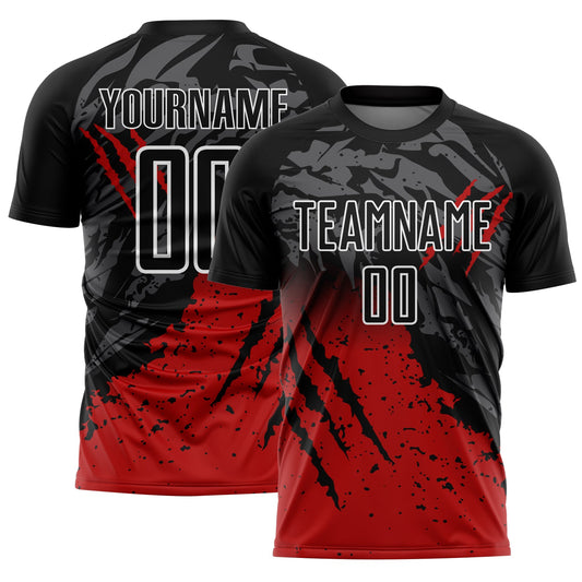 Custom Black Red-White Gradient Scratch Splash Sublimation Soccer Uniform Jersey - Main View