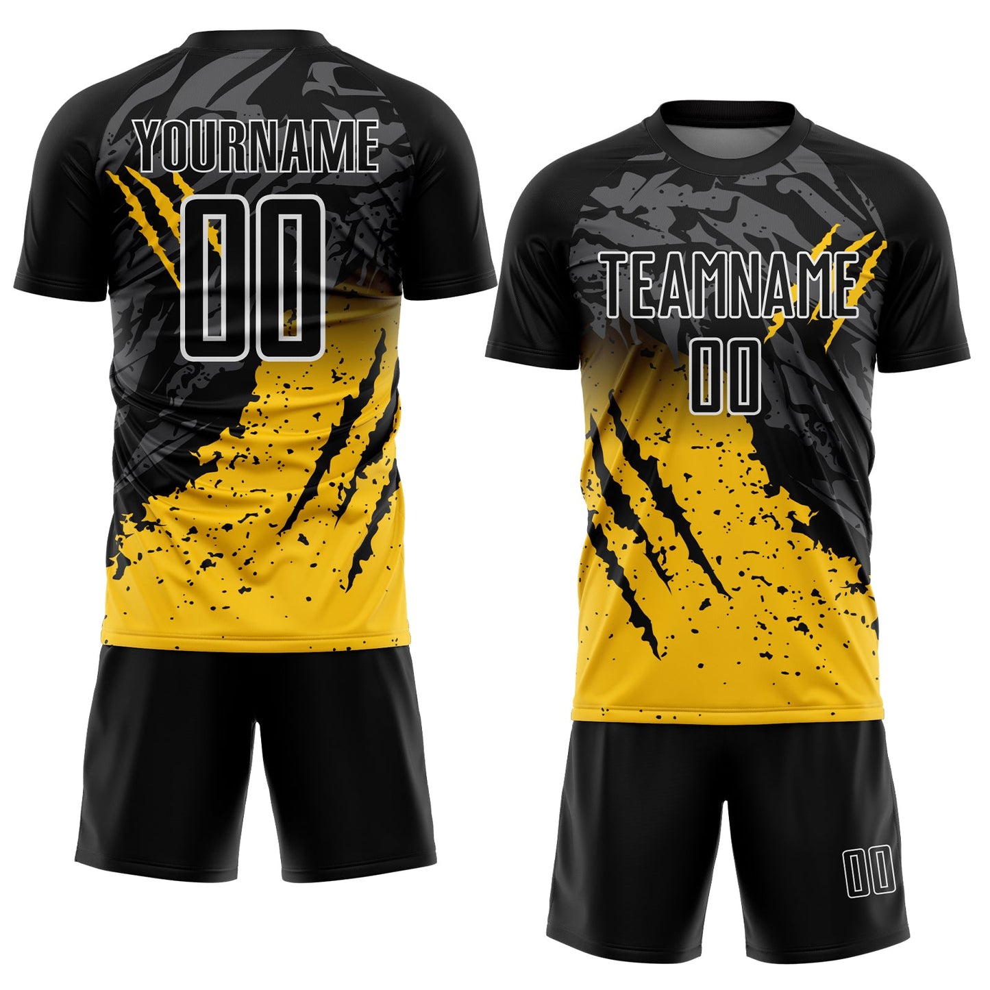 Custom Black Yellow-White Gradient Scratch Splash Sublimation Soccer Uniform Jersey view 2