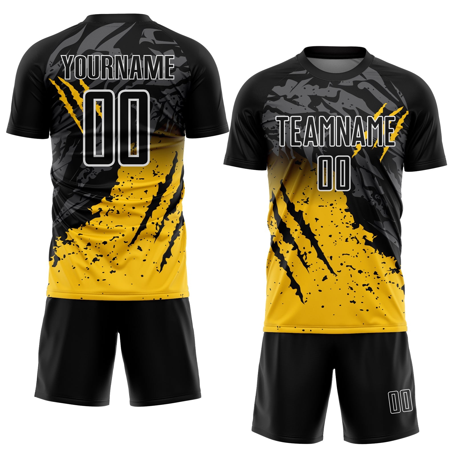 Custom Black Yellow-White Gradient Scratch Splash Sublimation Soccer Uniform Jersey view 2