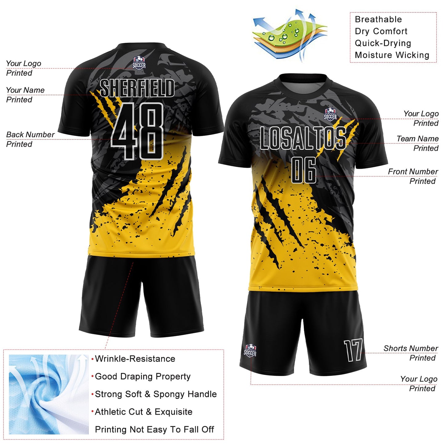 Custom Black Yellow-White Gradient Scratch Splash Sublimation Soccer Uniform Jersey view 4