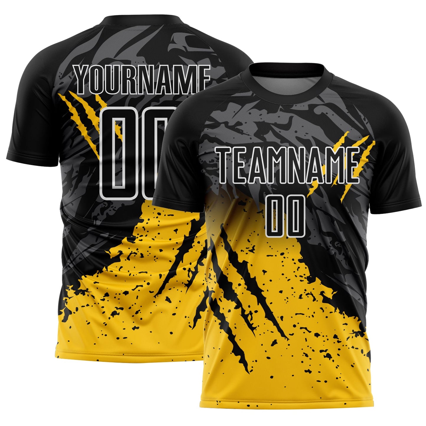 Custom Black Yellow-White Gradient Scratch Splash Sublimation Soccer Uniform Jersey - Main View