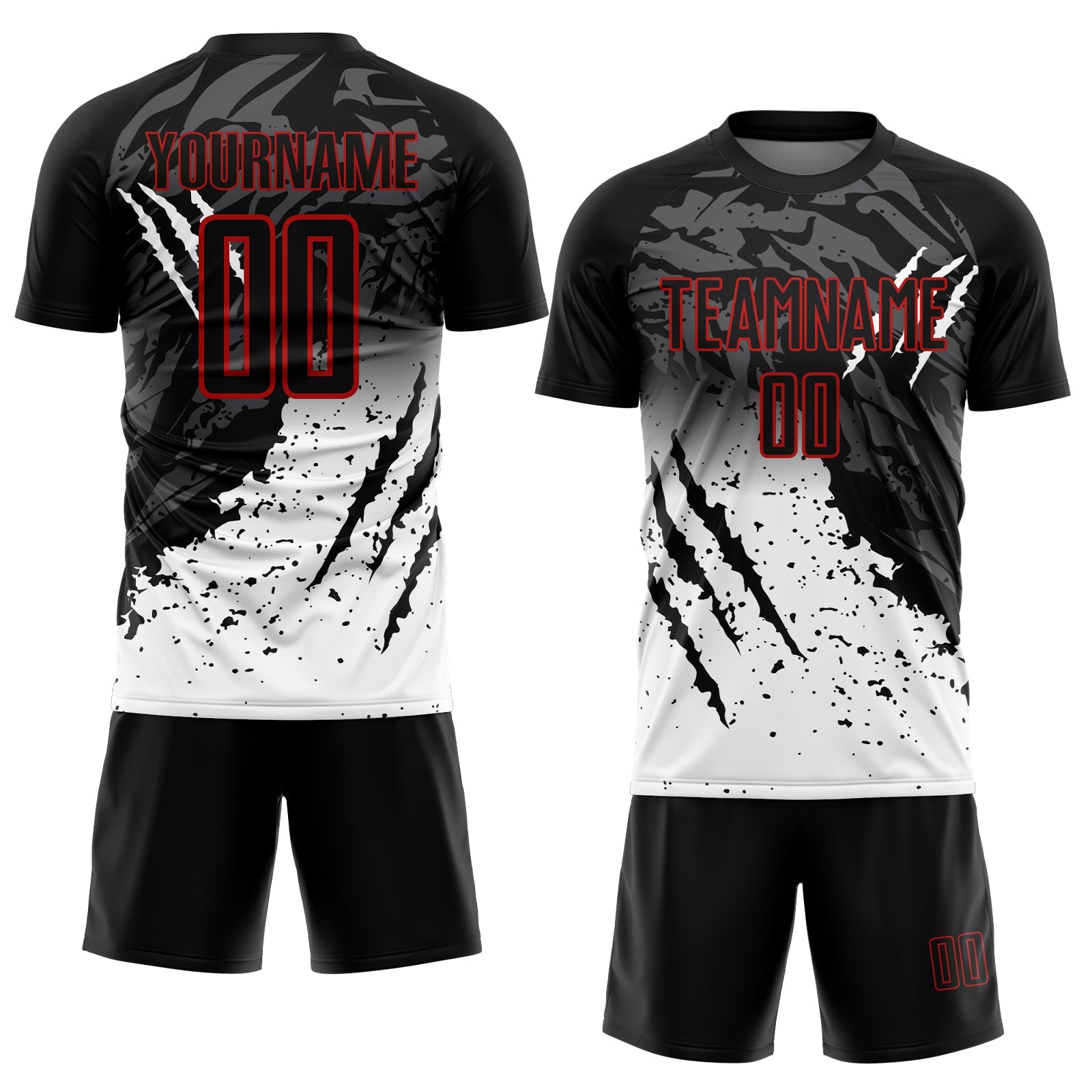 Custom Black White-Red Gradient Scratch Splash Sublimation Soccer Uniform Jersey view 2