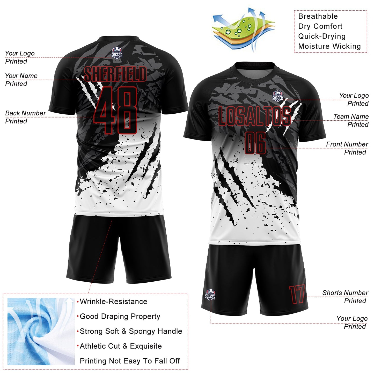 Custom Black White-Red Gradient Scratch Splash Sublimation Soccer Uniform Jersey view 4